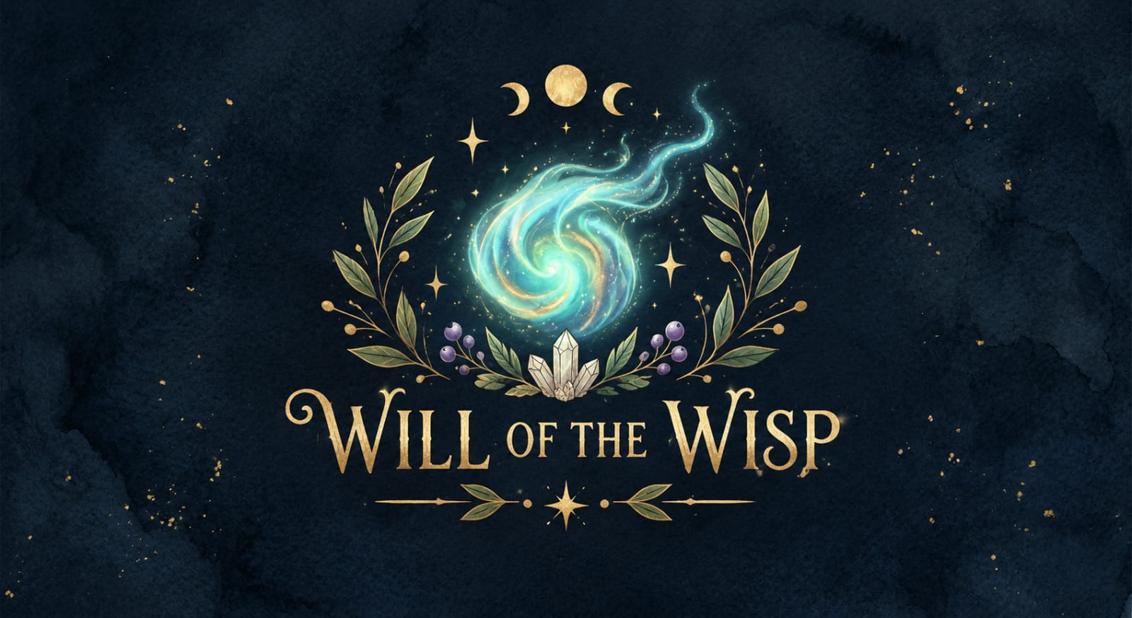 Will of the Wisp artwork with a luminous turquoise spiral, moon phases, gold stars, botanical branches, crystals, and gold lettering